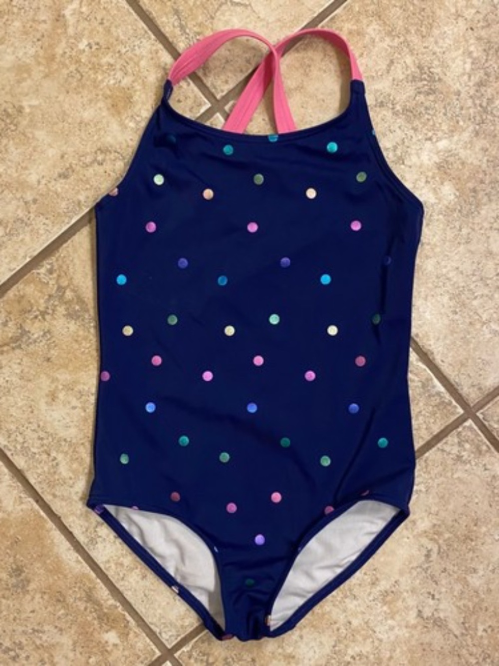 Girls navy blue polka dot one piece swimsuit by Mini Boden size 7-8